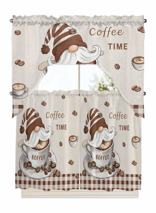 Jolunifun Gnomes Coffee Swag Kitchen Curtain Sets with Valance,3 Pieces Rod Pocket Curtain Drapes for Bedroom Bathroom Cafe Windows,Retro Country Rustic Brown Buffalo Plaid 56''x36''&36''x27.5''x2Panels - Image 1
